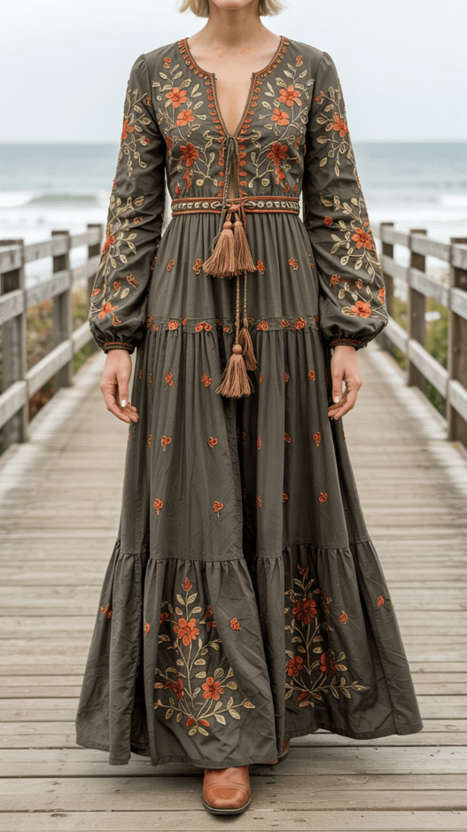 Lime Green Boho Midi Dress with Embroidered Details