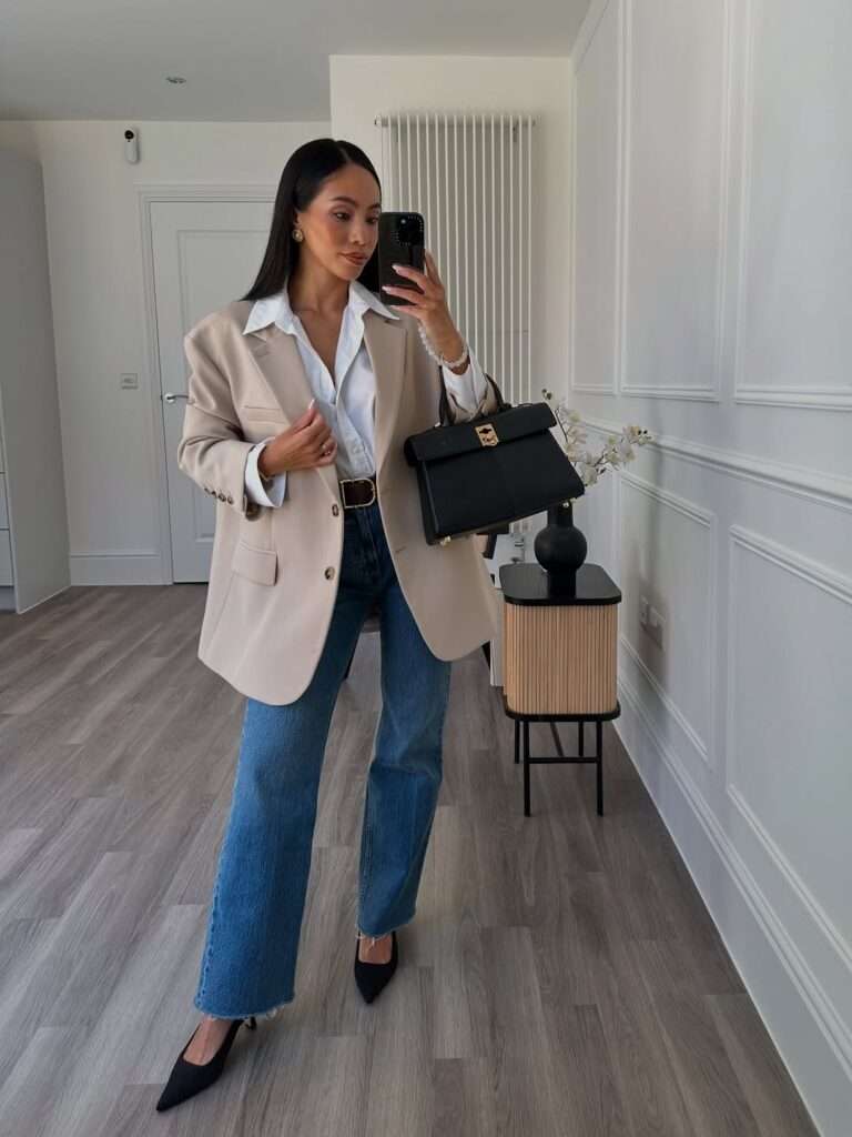 10. Beige Blazer and Straight Jeans