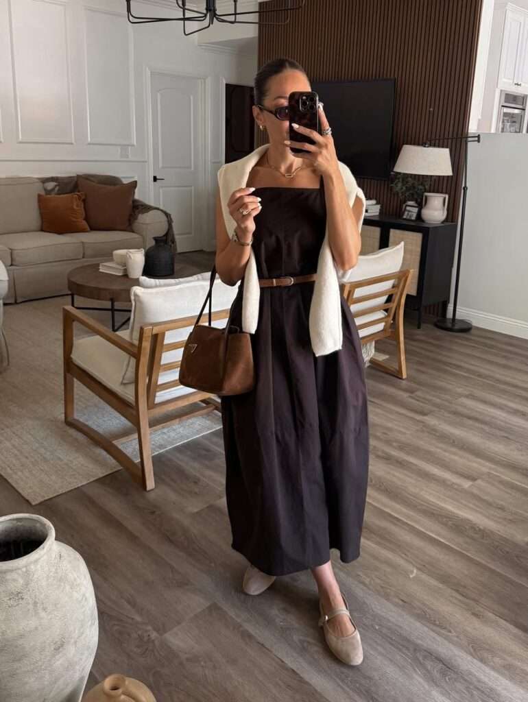 3. Brown Strapless Dress with Sweater Wrap