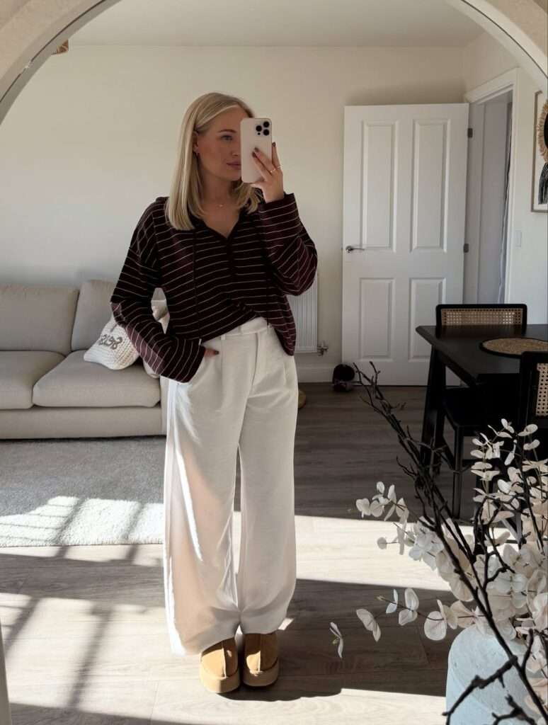 5. Striped Knit and Cream Wide-Leg Pants