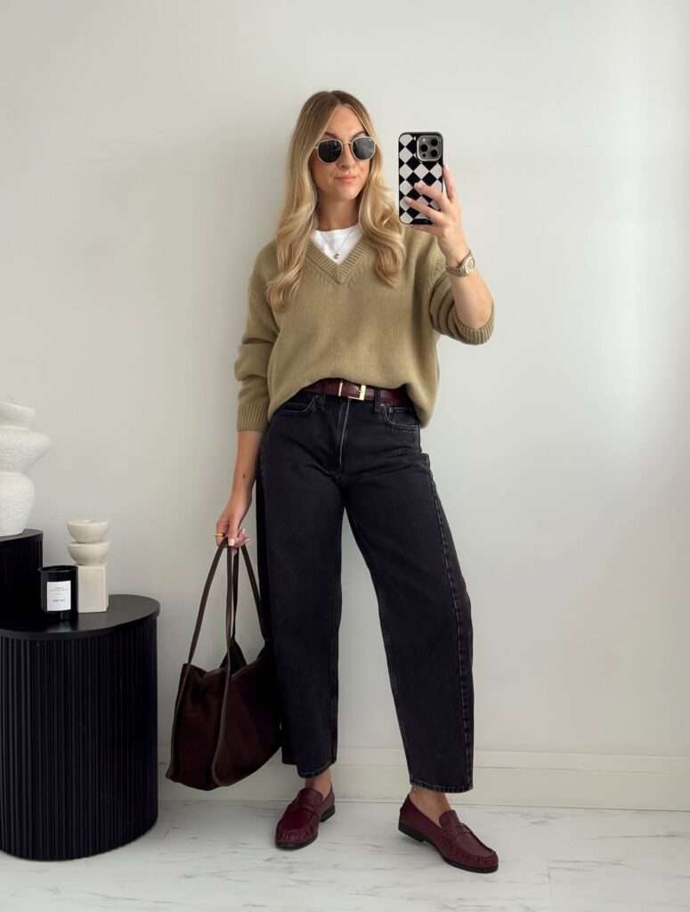8. Olive Sweater and Black Denim