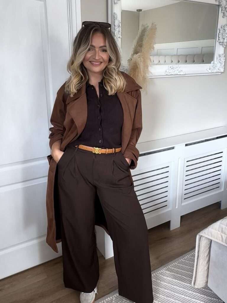 12. Brown Monochrome Set with Belted Coat