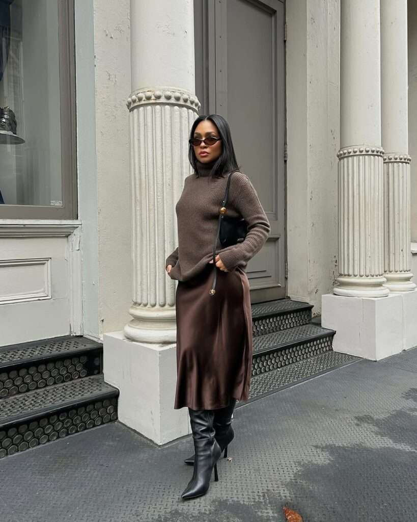 4. Knit Sweater and Satin Midi Skirt