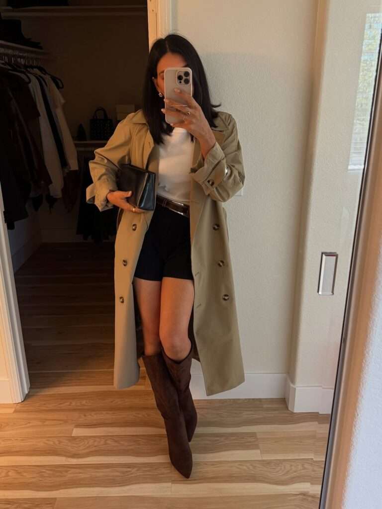 14. Trench Coat with Shorts and Knee Boots