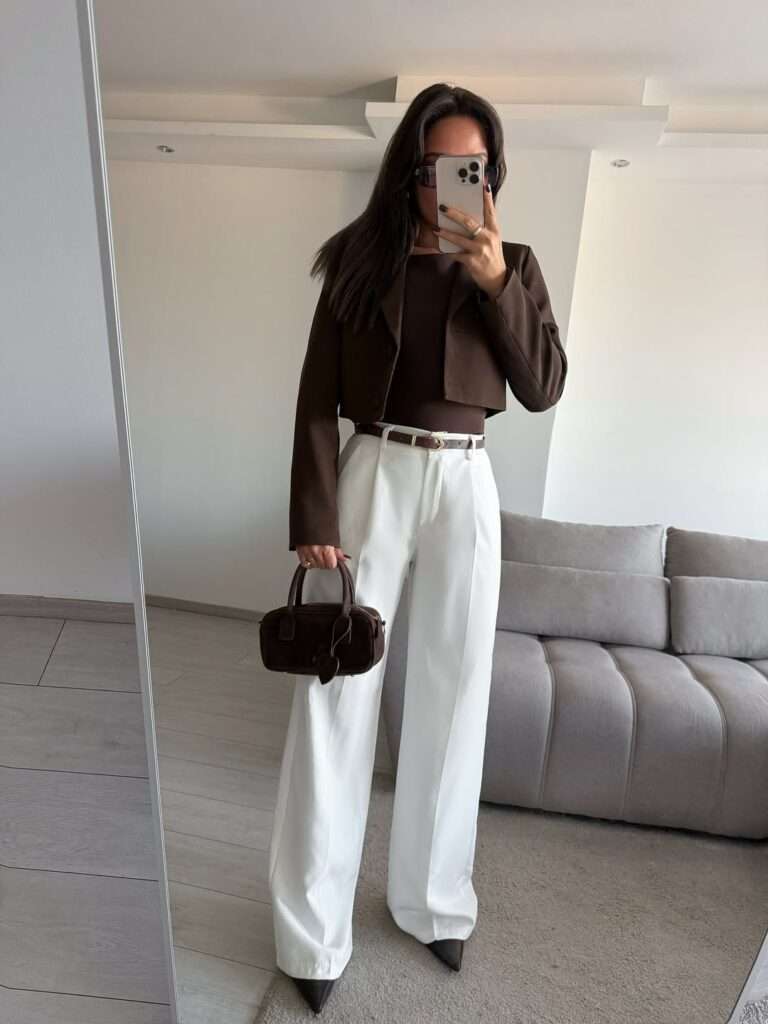 1. Chocolate Cropped Jacket and White Trousers