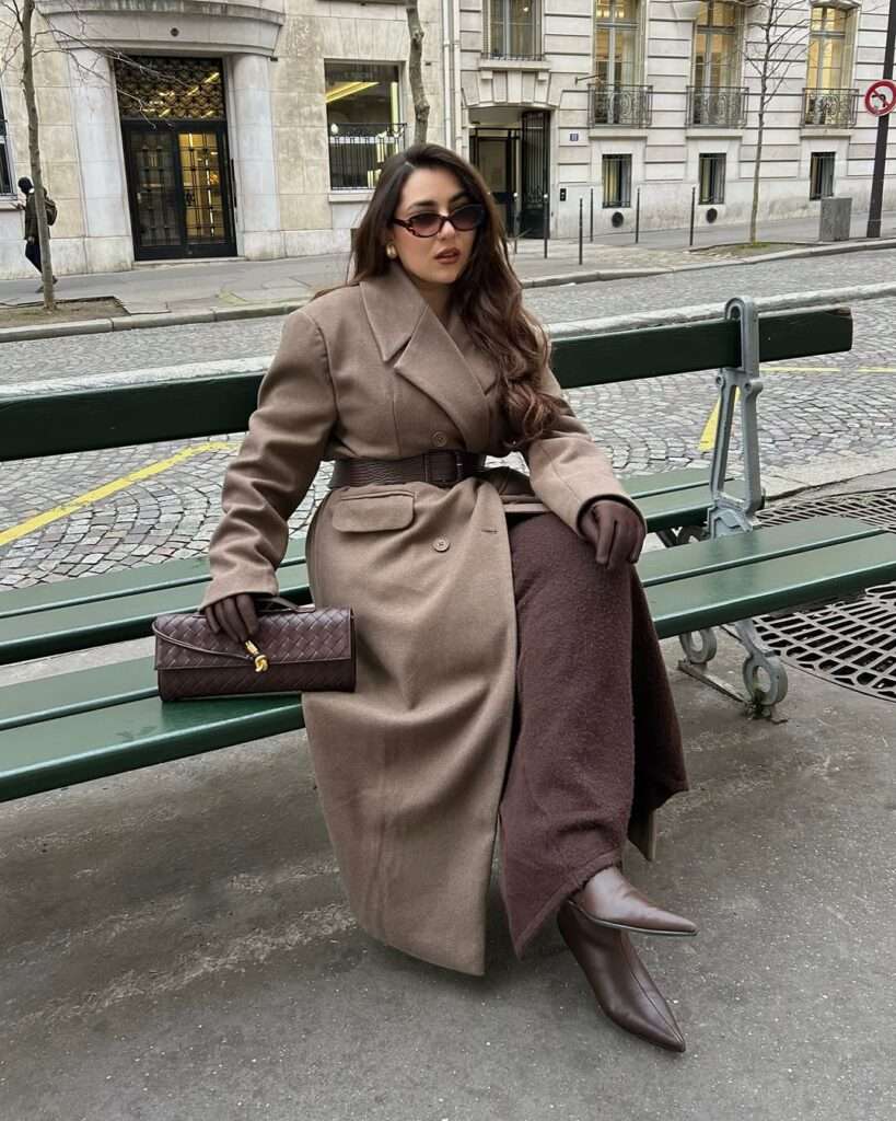 13. Belted Taupe Coat with Leather Accessories