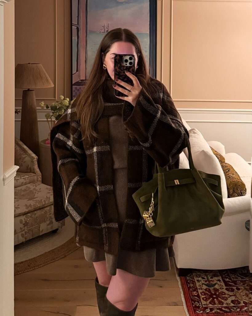 7. Plaid Coat Layered Over Knit Dress