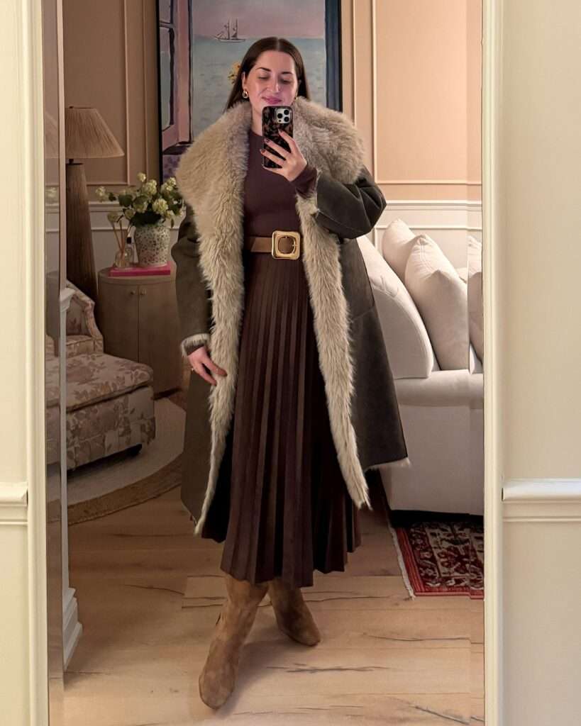 8. Shearling Trim Coat With Pleated Skirt