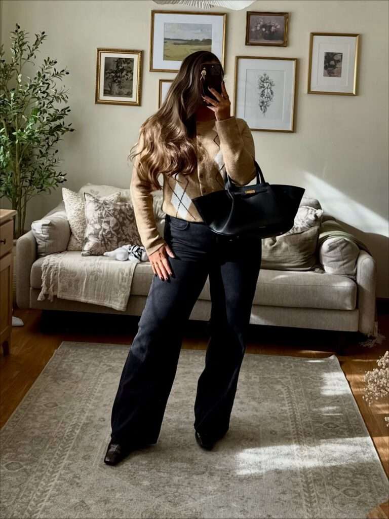 9. Argyle Sweater & Black Wide-Leg Trousers