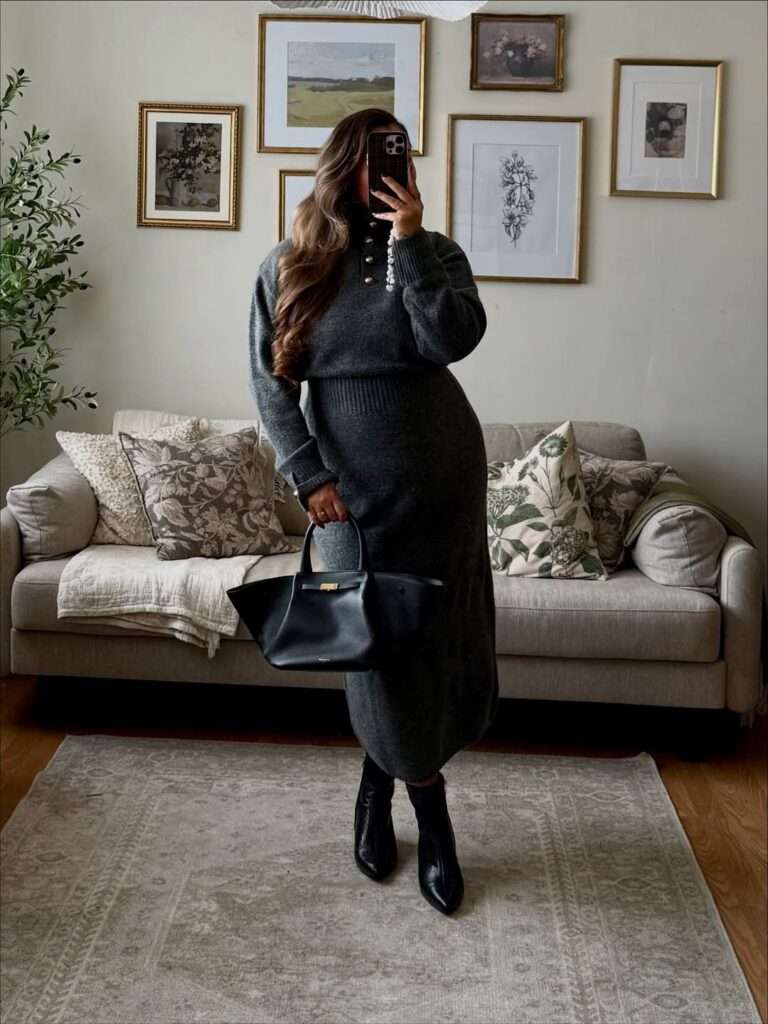 10. Dark Grey Sweater Dress & Black Booties