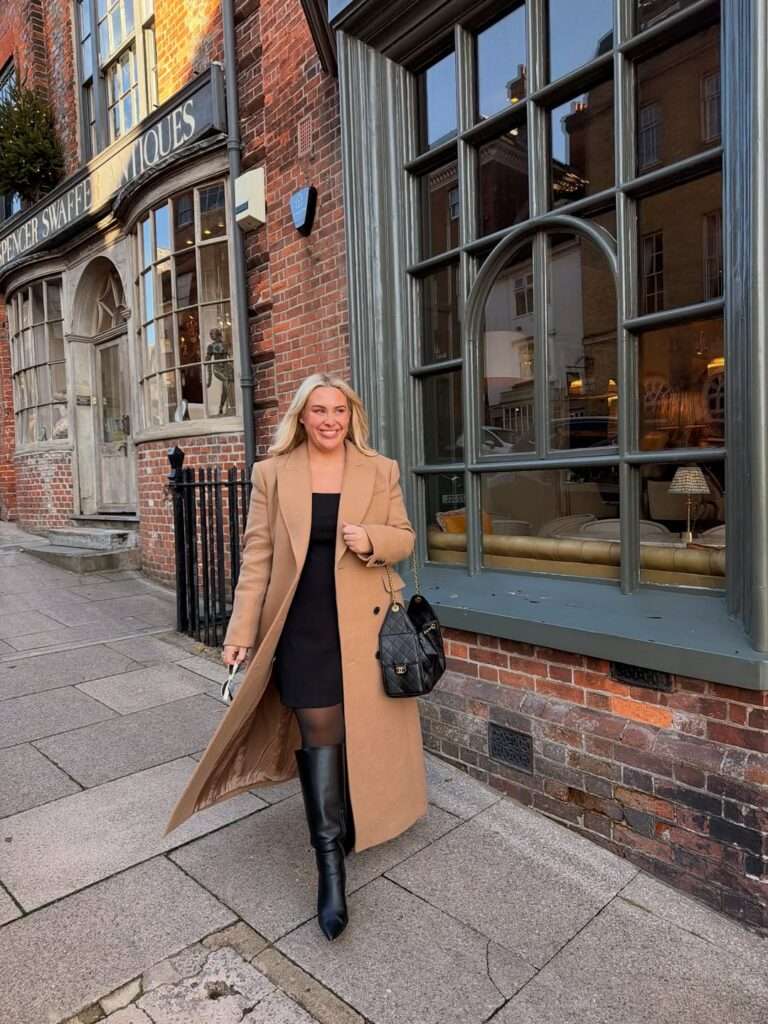 1. Camel Coat & Black Mini Dress