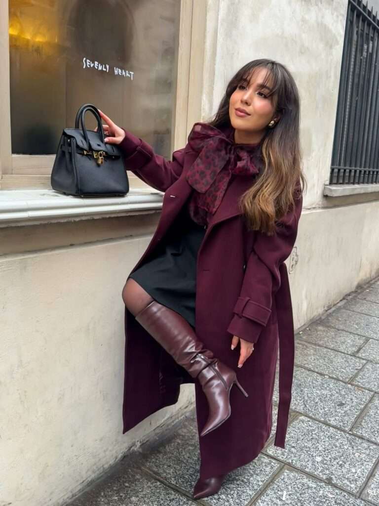9. Burgundy Coat with Bow Detail and Tall Boots