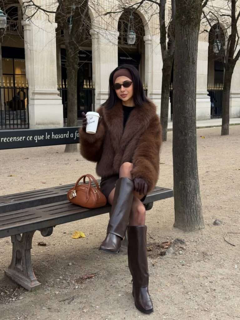 11. Brown Fur Jacket with Headband and Knee-High Boots