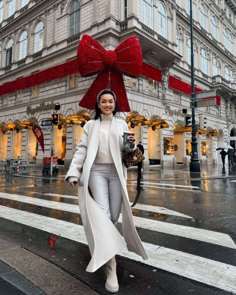 15. Cream Knit Set with Long Coat and Boots