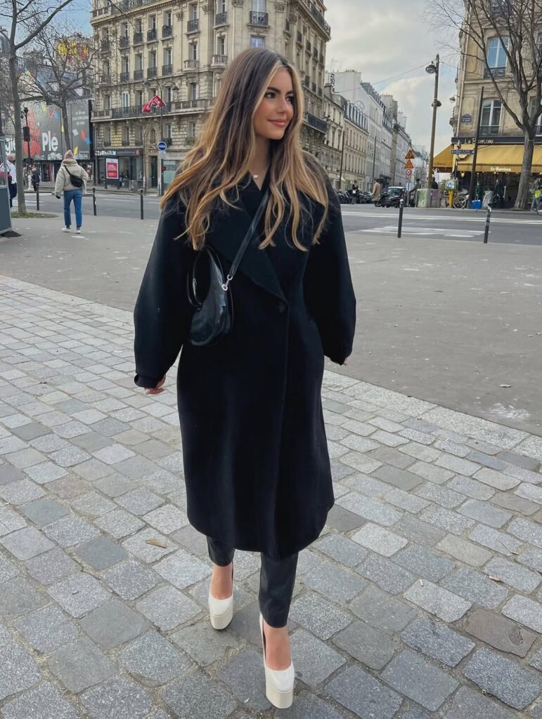 7. Oversized Black Coat with Minimalist Styling
