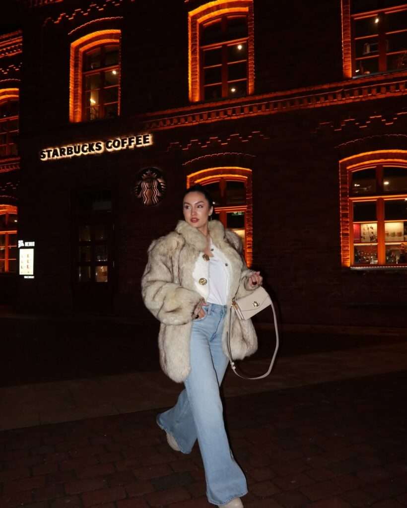 14. Faux Fur Jacket with Jeans and Heels