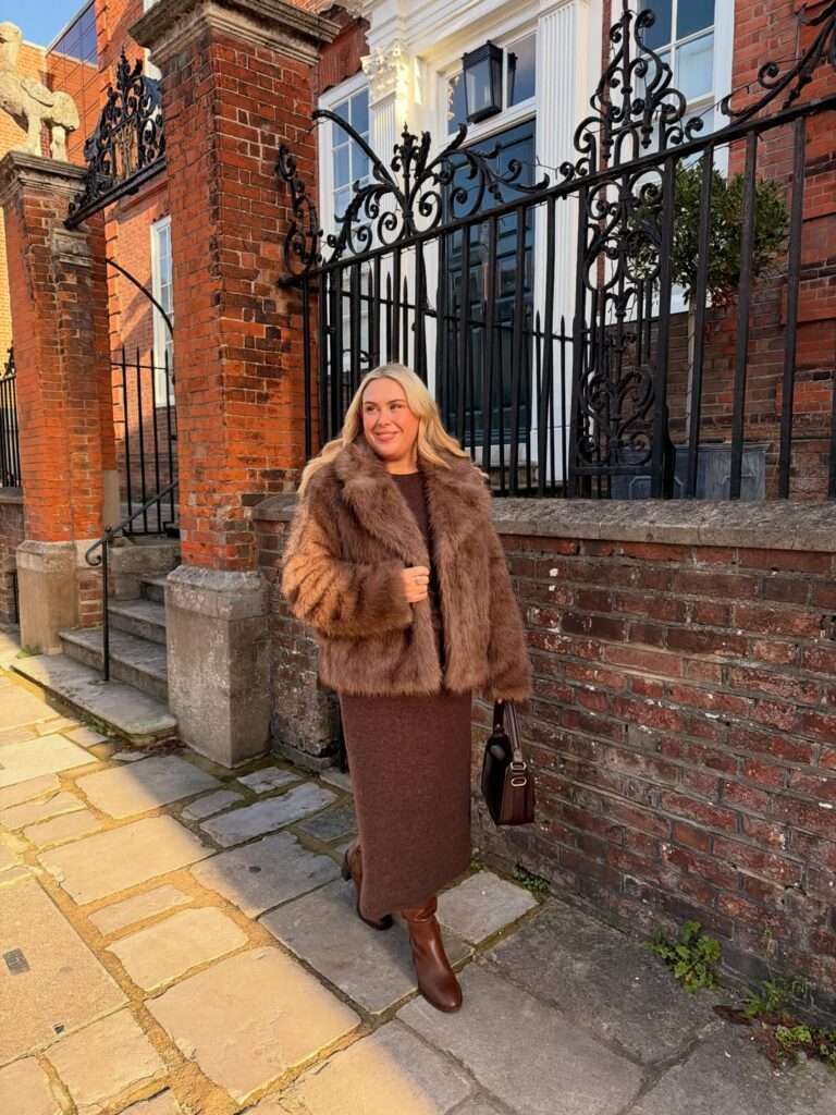2. Brown Knit Dress With Faux Fur Jacket