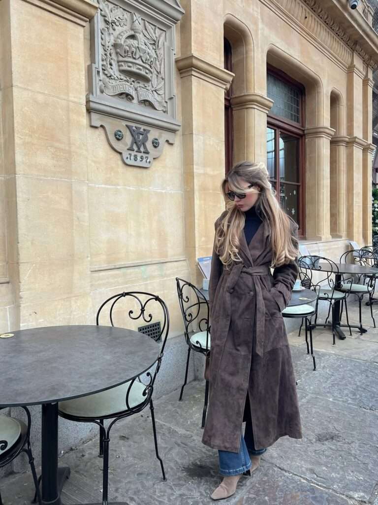 12. Suede Trench Coat with Denim and Ankle Boots