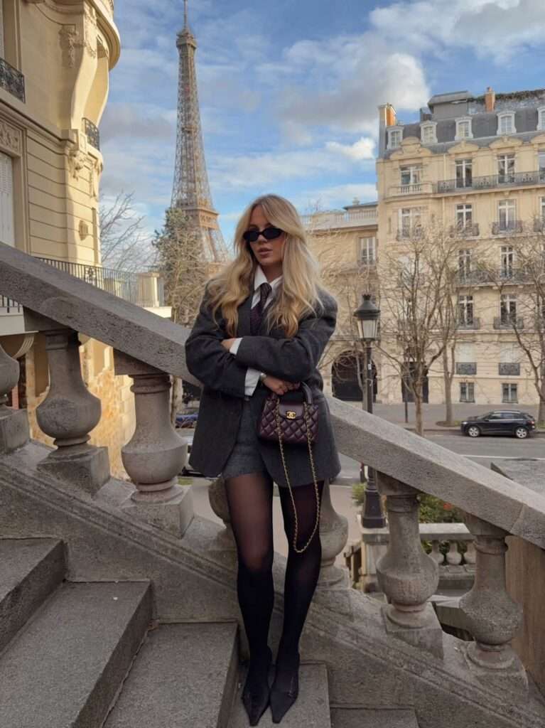 3. Tailored Charcoal Blazer Dress with Tights