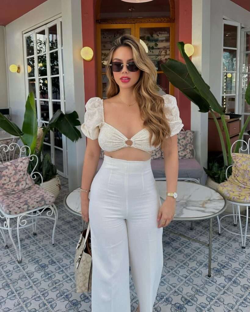 Cream Puff-Sleeve Crop Top With White Wide-Leg Pants