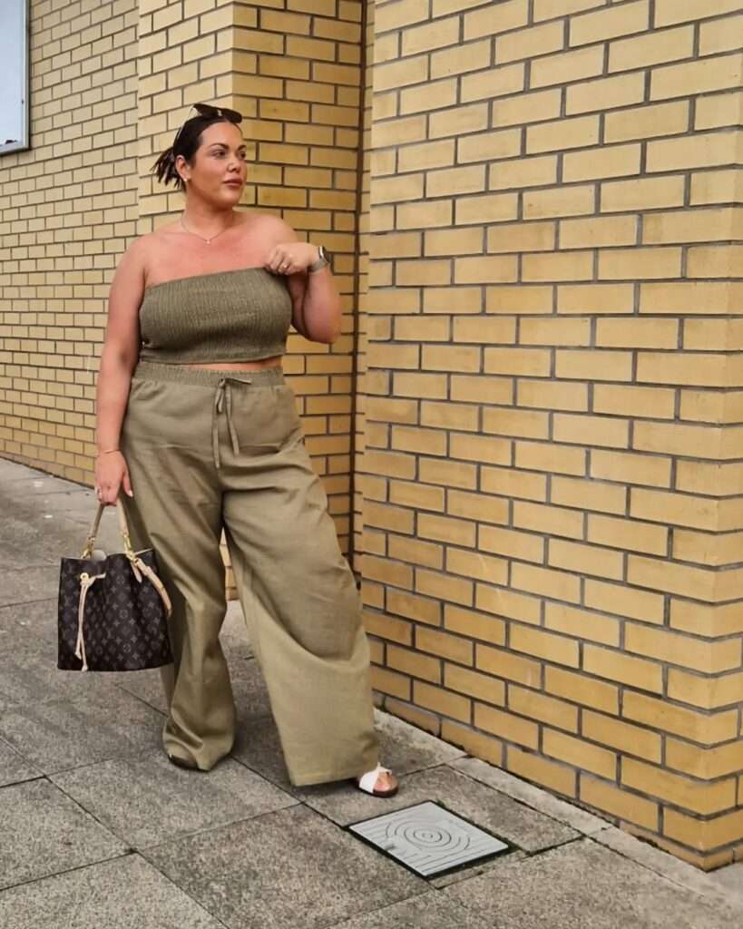 9. Olive Strapless Top With Matching Wide-Leg Pants