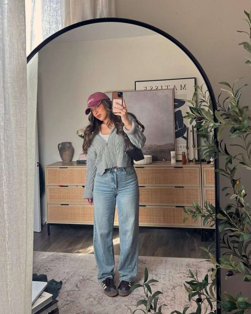 18. Gray Cardigan, Cap, and Light-Wash Jeans