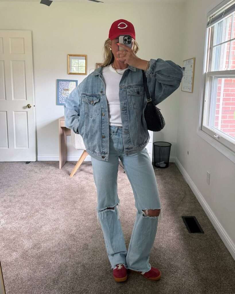 3. Red Cap, White Tee, and Oversized Denim-on-Denim