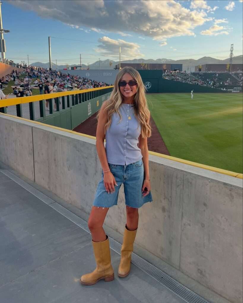 14. Sleeveless Blue Top, Denim Bermuda Shorts, and Tan Boots