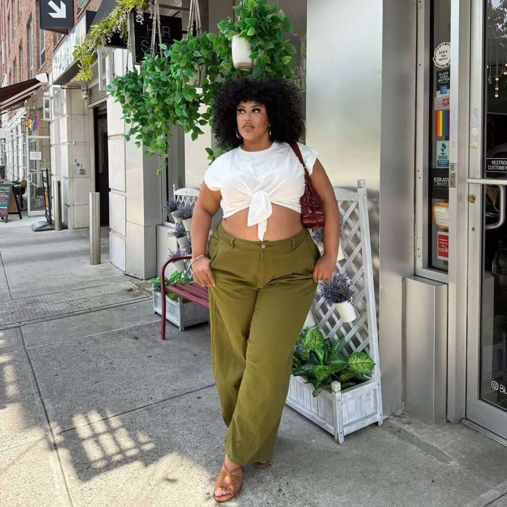 2. White Tie-Front Top With Olive Wide-Leg Pants