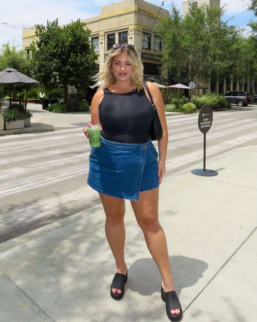 11. Black Bodysuit With a Denim Wrap Mini Skirt