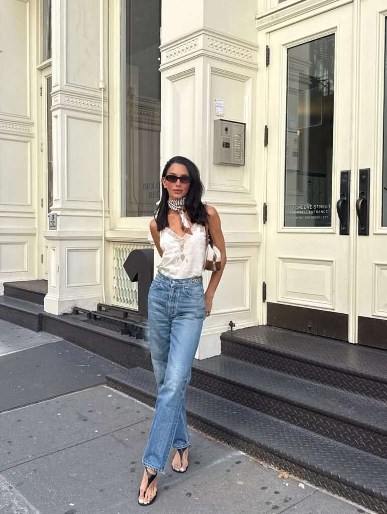 White Lace Cami With Relaxed Denim