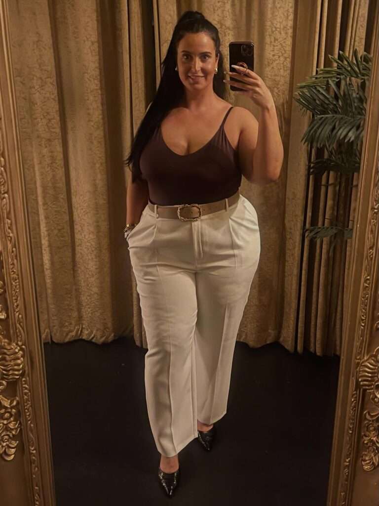 3. Brown Bodysuit With White Tailored Trousers