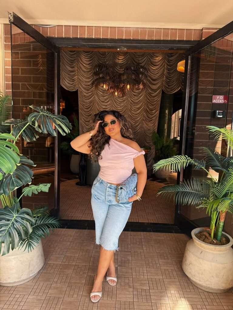 5. Blush One-Shoulder Top With Denim Bermuda Shorts