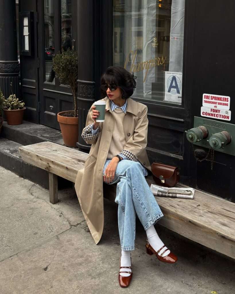 20. Trench Coat With Sweater Vest and Mary Janes