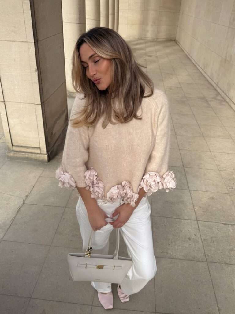 6. Soft Pink Knit With White Pants