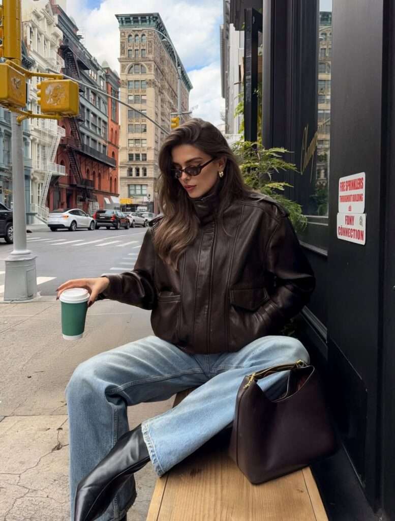 5. Brown Leather Jacket With Wide-Leg Jeans