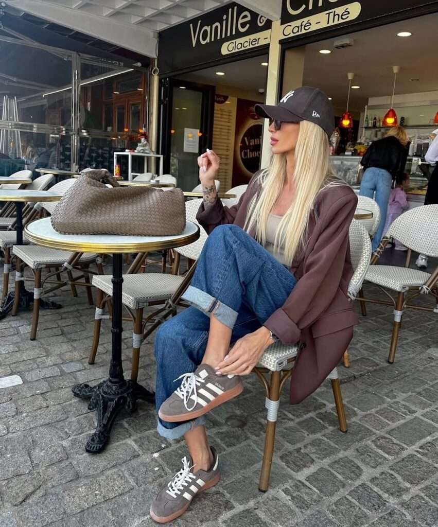 4. Brown Blazer With Cuffed Jeans and Sneakers