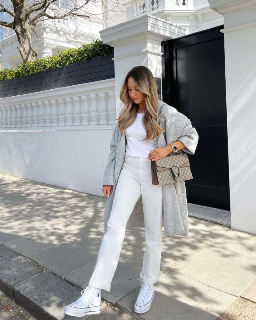 12. Gray Cardigan With White Jeans and Sneakers