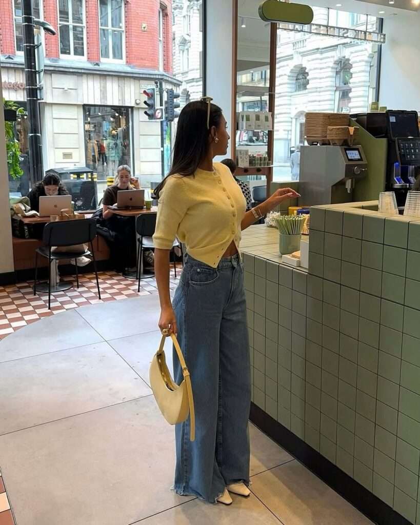 15. Pale Yellow Cardigan With Wide-Leg Jeans
