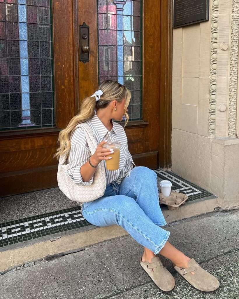 16. Striped Shirt With Light Denim and Clogs