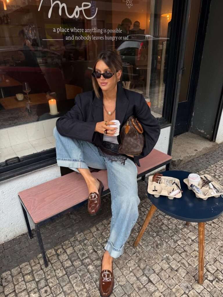 7. Oversized Black Blazer With Jeans and Loafers