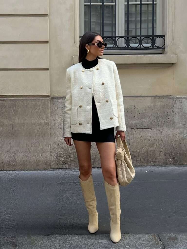 10. White Tweed Jacket With a Black Mini Look