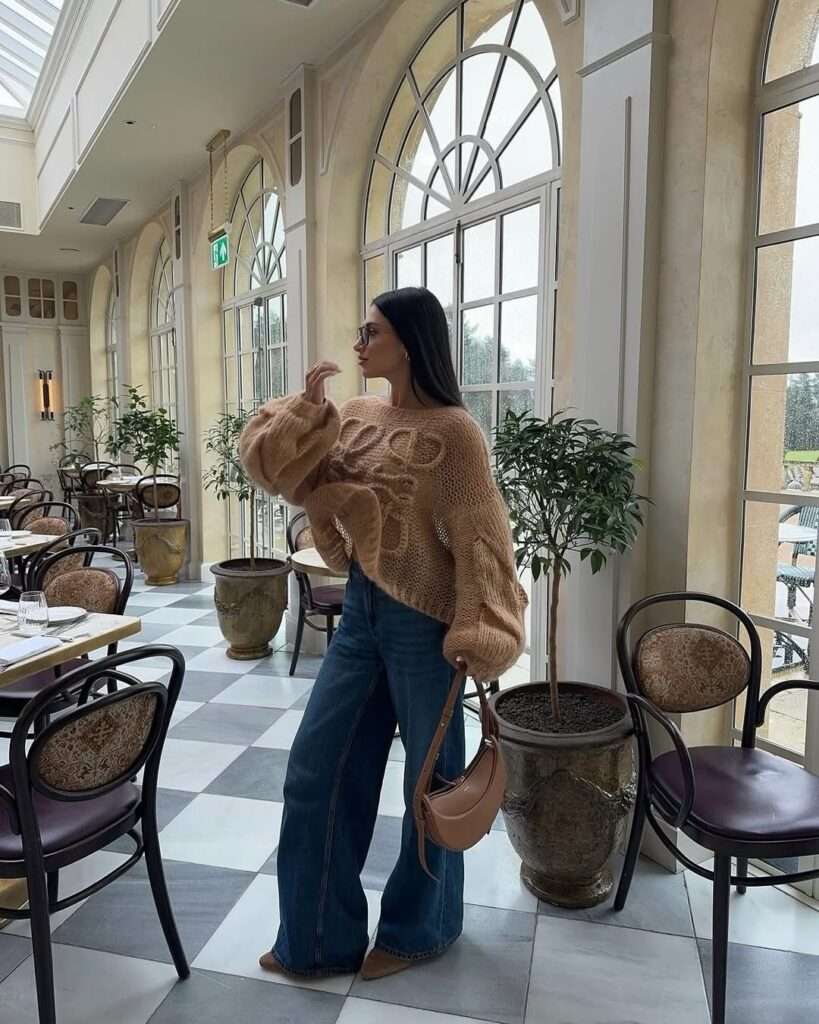 14. Chunky Camel Sweater With Flared Jeans