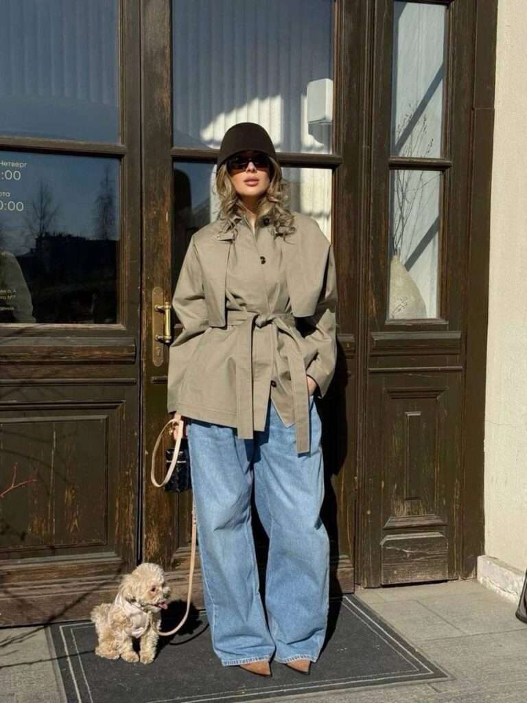 7. Taupe-Grey Trench + Wide-Leg Denim + Hat Moment