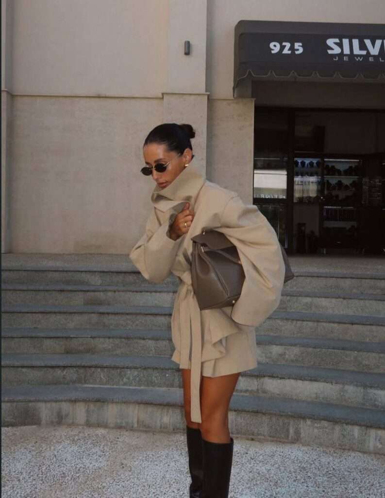 5. Light Beige Trench Mini + Knee-High Black Boots