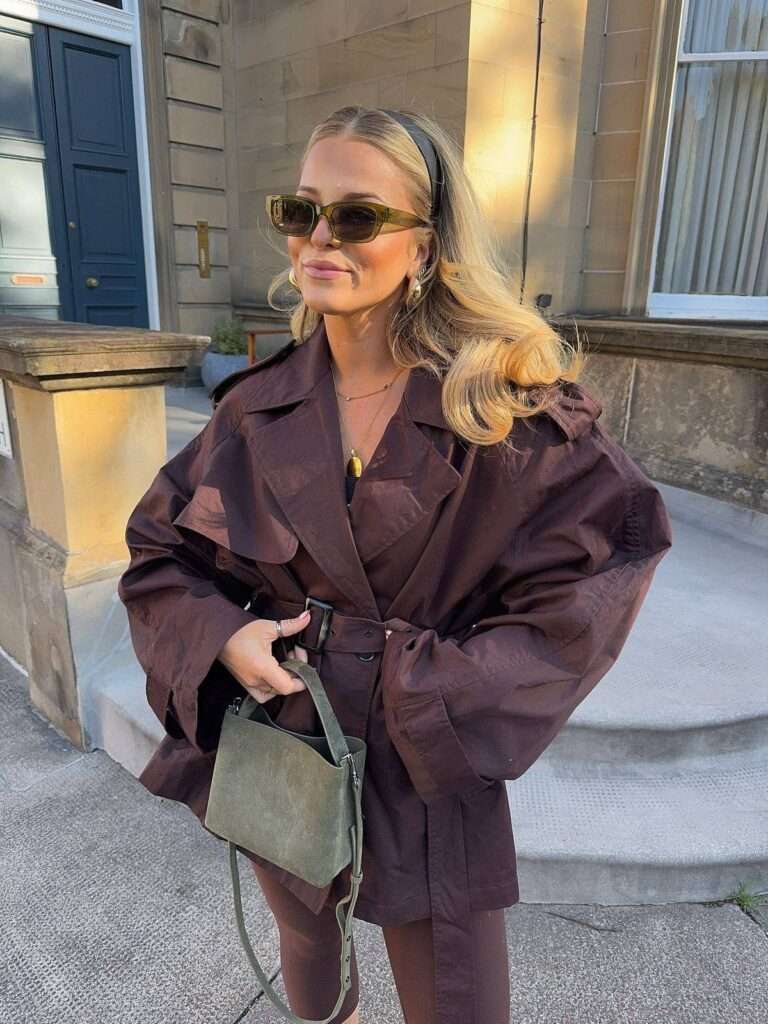 4. Cocoa-Brown Trench Worn as a Mini + Statement Accessories