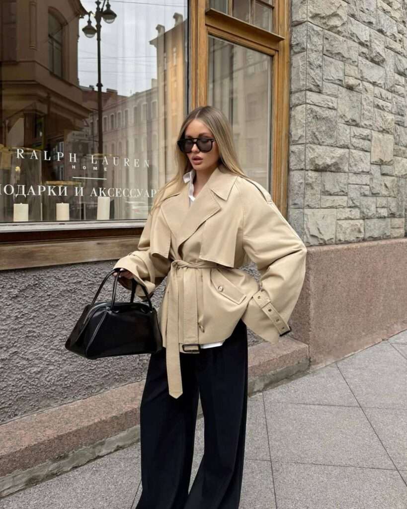 1. Sand Beige Belted Trench + Black Wide-Leg Trousers