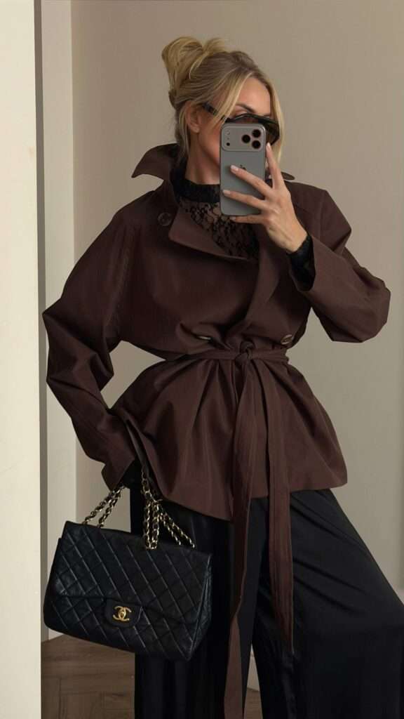 8. Espresso Trench + Black Lace Top + Satin Trousers
